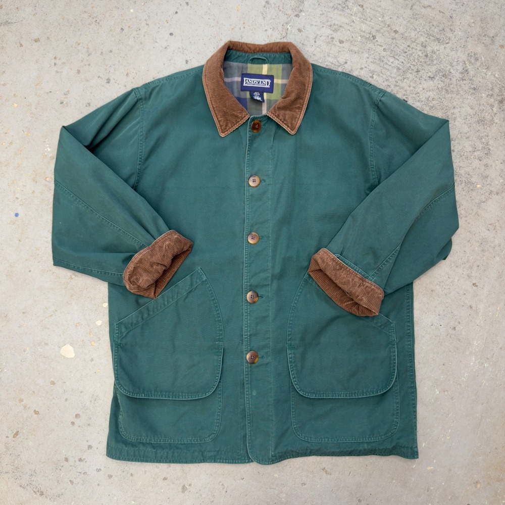 Lands End Mens Barn Jacket Green Cotton Canvas Corduroy Trim Size L 42-44